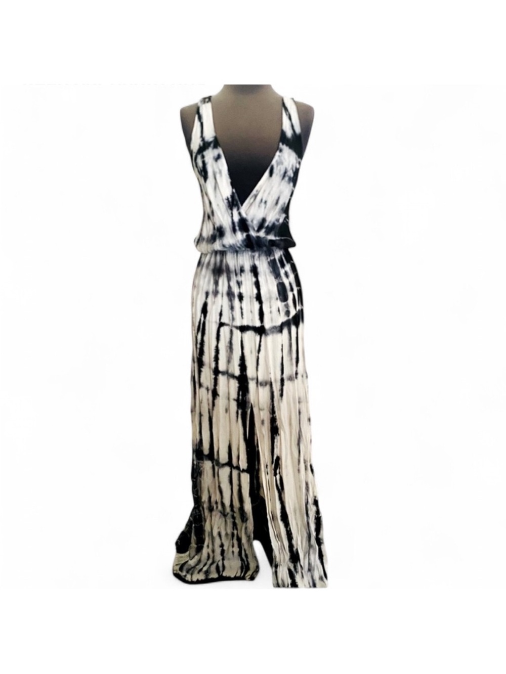 BLUE BLUSH BLACK WHITE TIE DYE SLEEVELESS V NECK ELASTIC WAIST MAXI DRESS SMALL